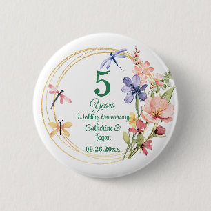 Badge Rond 5 Cm 5e anniversaire de mariage Bois Cadre Floral Or