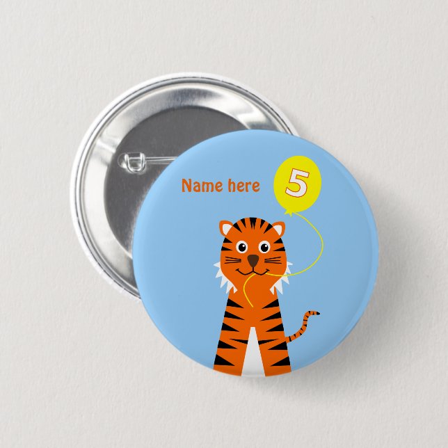 Badge Rond 5 Cm 5e anniversaire tiger ajouter nom bleu orange (Devant & derrière)