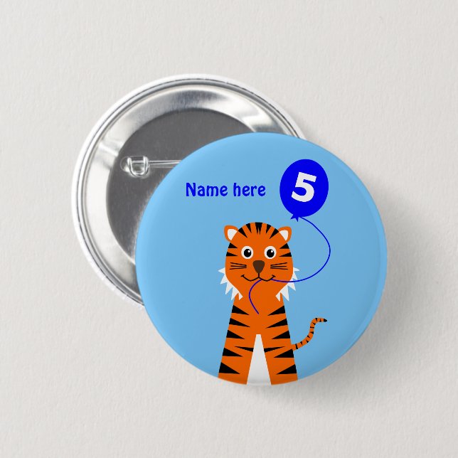 Badge Rond 5 Cm 5e anniversaire tiger ajouter nom mignon bleu (Devant & derrière)