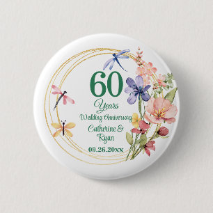 Badge Rond 5 Cm 60e Anniversaire de Mariage Cadre Doré Floral