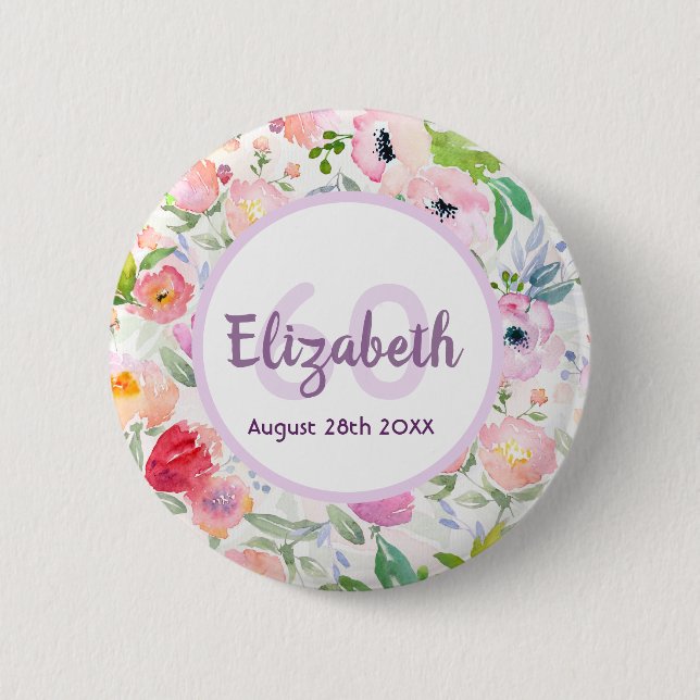Badge Rond 5 Cm 60e anniversaire fleur rose couleur aquarelle roma (Devant)
