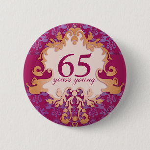 Badge Rond 5 Cm 65 ans jeune âge damask éléphant 65e anniversaire