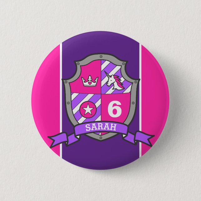 Badge Rond 5 Cm 6e anniversaire chevaliers roses violets princiers (Devant)