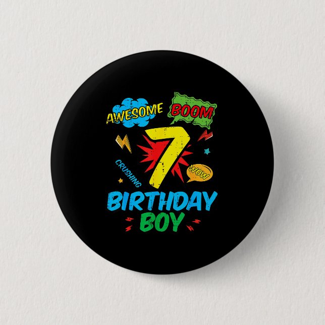 Badge Rond 5 Cm 7 Birthday Boy Comic Cool 7th Bday Superhero Party (Devant)