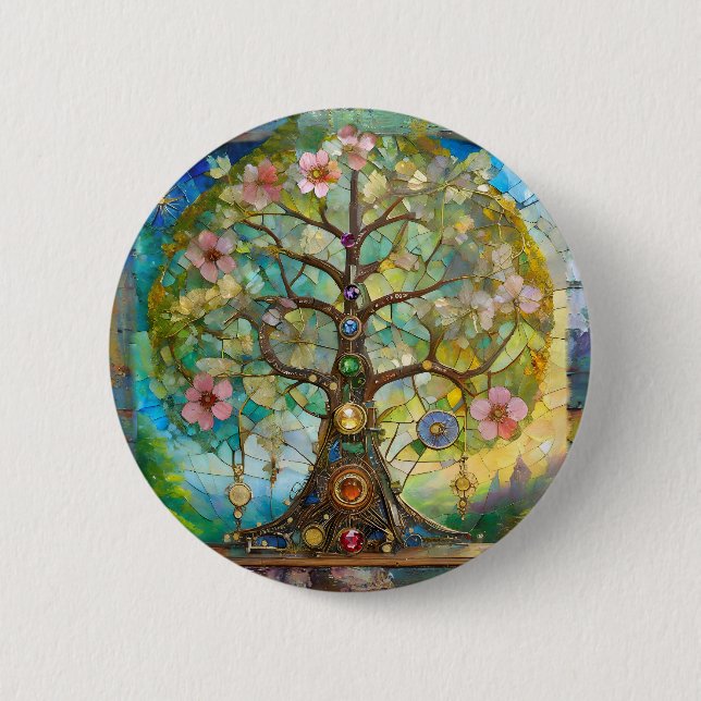 Badge Rond 5 Cm 7 Chakra Fleurissant Arbre De Vie (Devant)