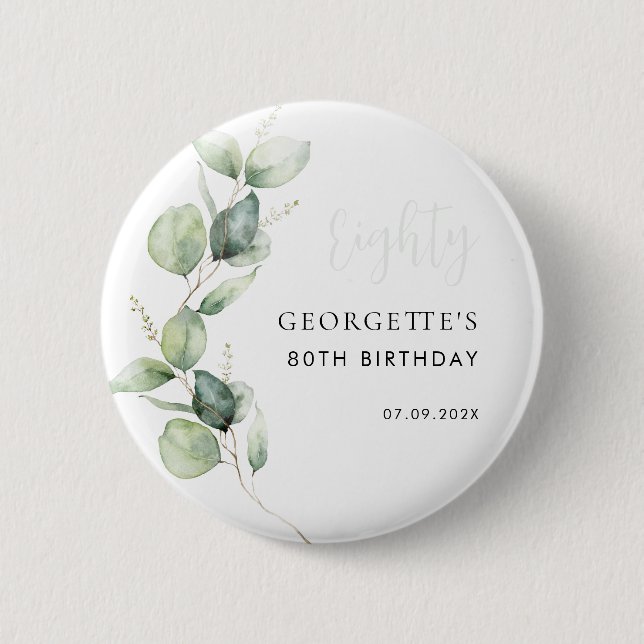 Badge Rond 5 Cm 80e anniversaire Aquarelle Eucalyptus Script (Devant)
