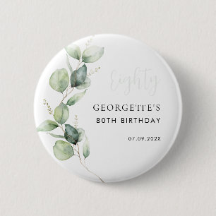 Badge Rond 5 Cm 80e anniversaire Aquarelle Eucalyptus Script