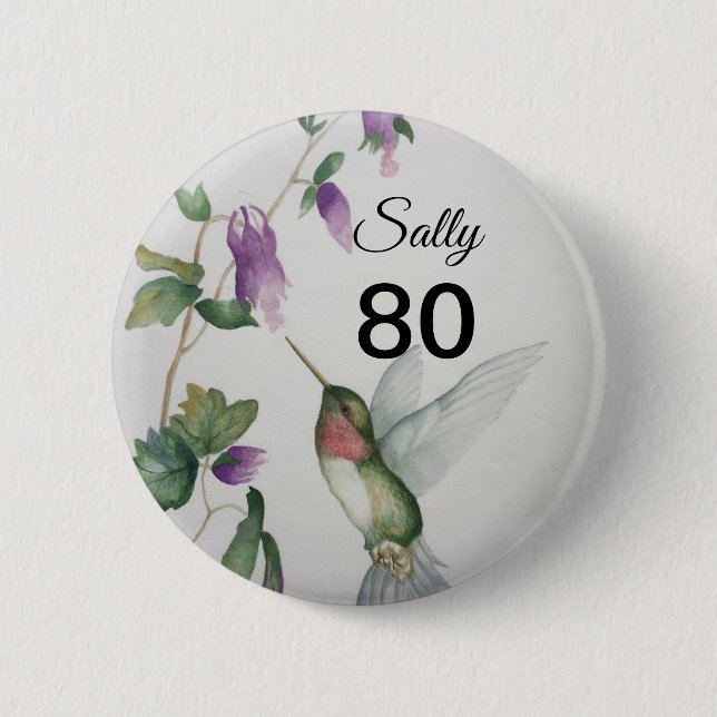 Badge Rond 5 Cm 80e anniversaire Joli Huumingbird Garden Button (Devant)