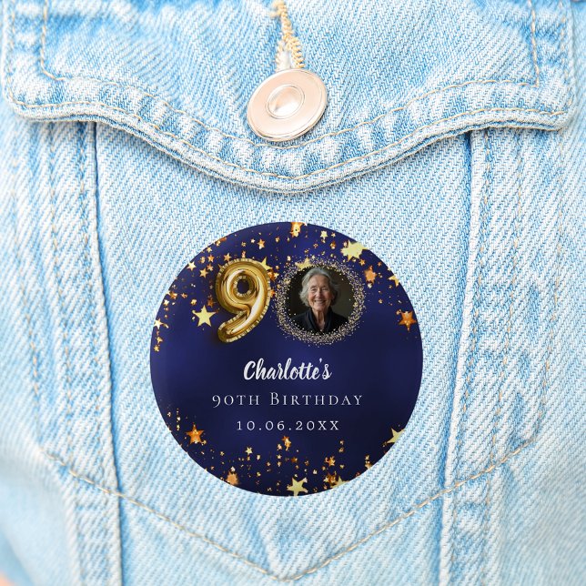 Badge Rond 5 Cm 90e anniversaire marine bleu or étoiles photo (Créateur téléchargé)