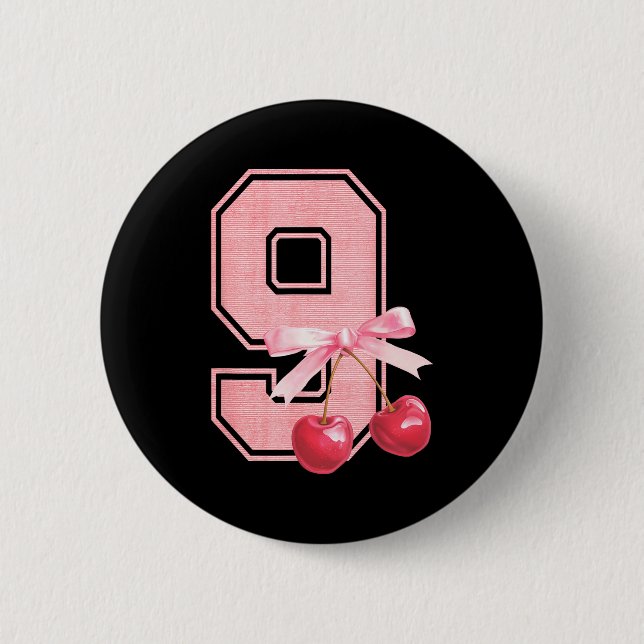 Badge Rond 5 Cm 9th Birthday Girl Cherry Coquette Bow 9 Year Old G (Devant)