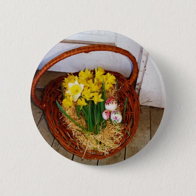 Badge Rond 5 Cm A Basket of Yellow Daffodils and floral Easter Egg (Devant)
