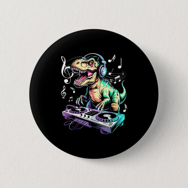 Badge Rond 5 Cm A Cute T-rex Playing Electronic Music Funny Dj Din (Devant)