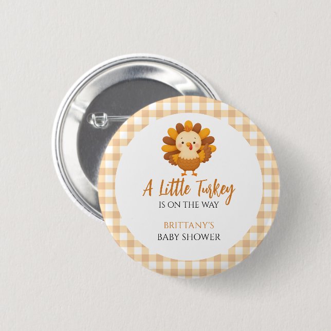 Badge Rond 5 Cm A Little Turkey Baby Shower Thanksgiving (Devant & derrière)
