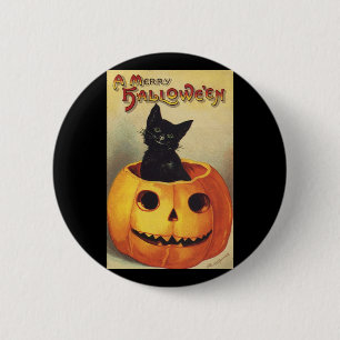 Badge Rond 5 Cm A Merry Halloween by Ellen Clapsaddle, Vintage Cat