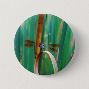 Badge Rond 5 Cm A teal Eyed Dragonfly with cattails
