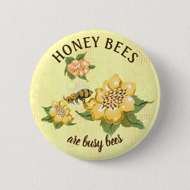 Badge Rond 5 Cm Abeille à miel Alvéoles Fleurs (Devant)