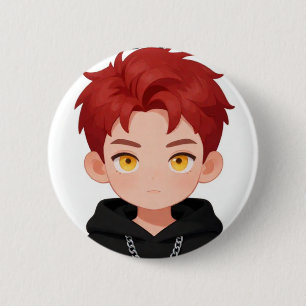 Badge Rond 5 Cm Accessoire Anime Garçon Chibi Mignon Cheveux Rouge