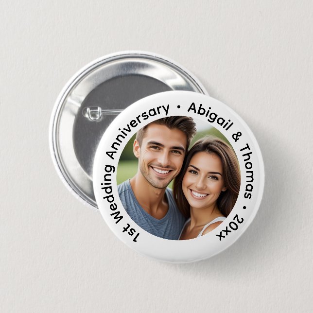 Badge Rond 5 Cm Add Your Own Couple Photo 1st Wedding Anniversary  (Devant & derrière)