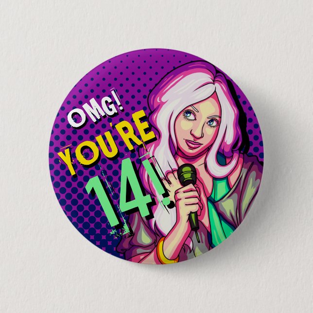 Badge Rond 5 Cm Ado chanteuse violette 14e anniversaire (Devant)