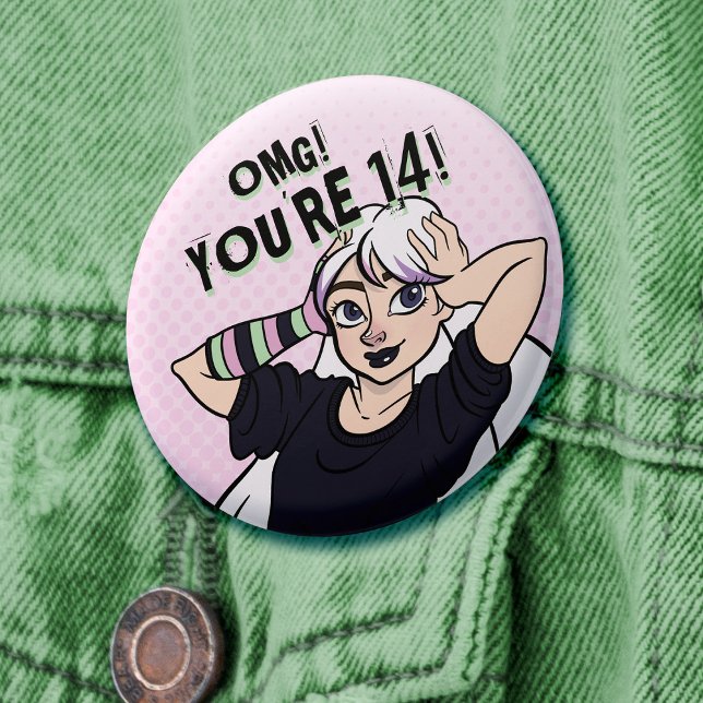 Badge Rond 5 Cm Ado fille Pink Cartoon Punk 14e anniversaire (Pink birthday pin with cartoon punk girl and graffiti text says 'OMG! You're 14!)