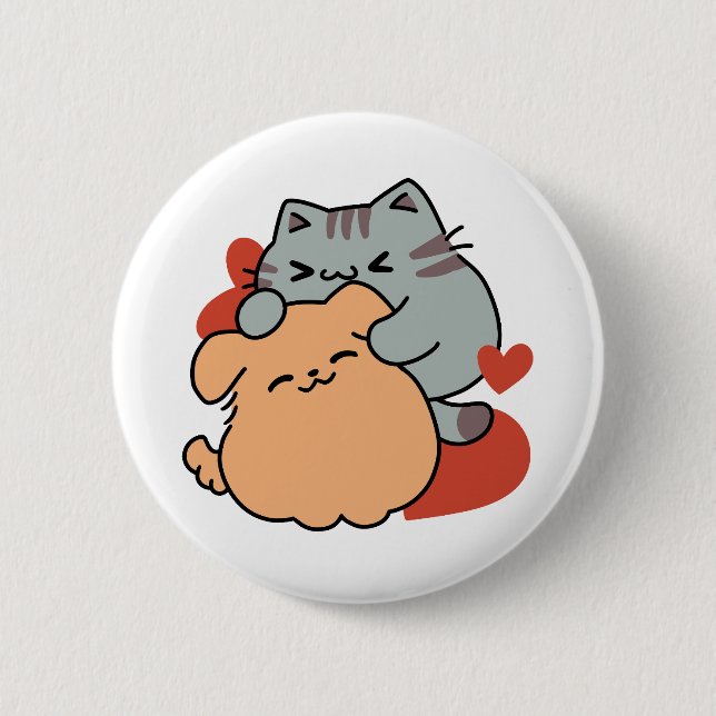 Badge Rond 5 Cm Adorable chat et chien Hug - Meow & Woof Design (Devant)