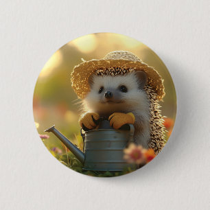Badge Rond 5 Cm Adorable jardinier de hérisson dans un champ de fl