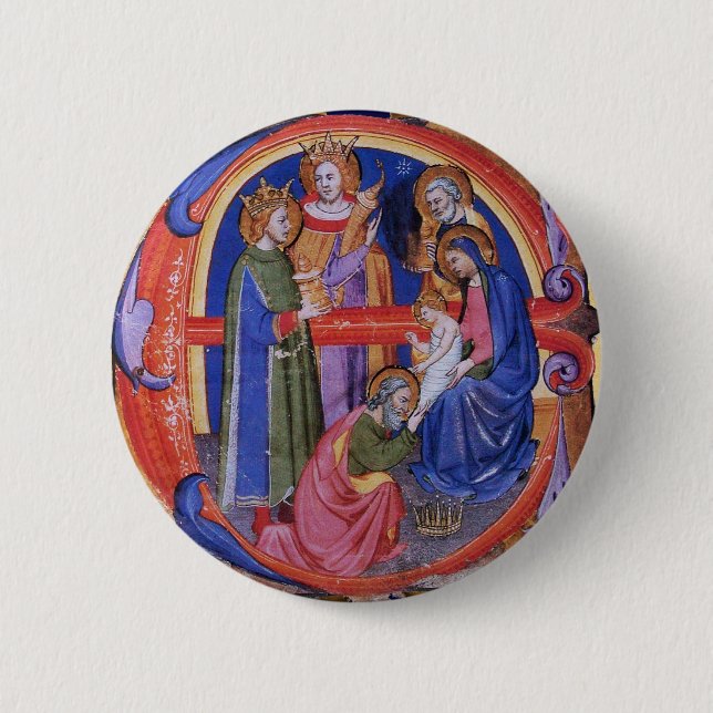 BADGE ROND 5 CM ADORATION DU PARCHEMENT DE LA NATIVITÉ MAGI CHRIST (Devant)