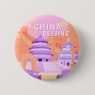 Badge Rond 5 Cm Affiche de voyage à Pékin Chine Art rose et lava