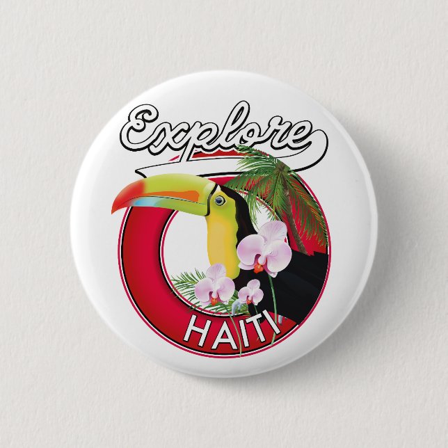 Badge Rond 5 Cm Affiche patch de voyage logo Explore Haïti. (Devant)