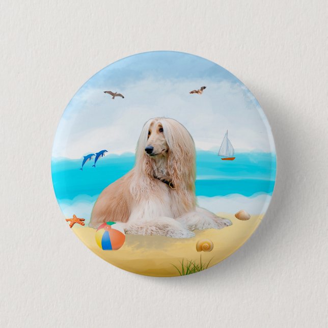 Badge Rond 5 Cm Afghan Hound Dog on Beach (Devant)
