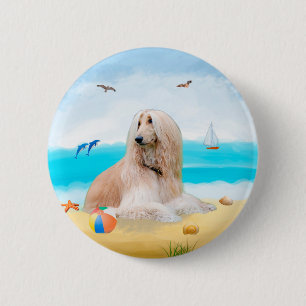 Badge Rond 5 Cm Afghan Hound Dog on Beach