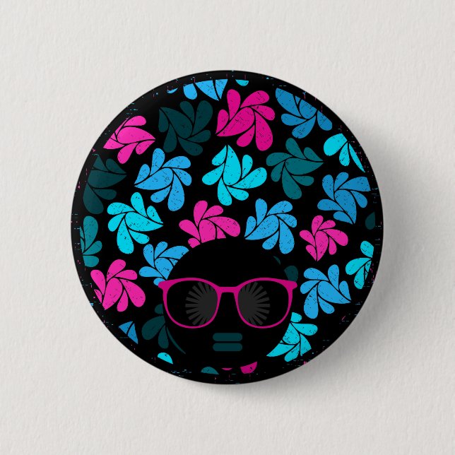 Badge Rond 5 Cm Afro Diva Turquoise & Rose Chaud (Devant)