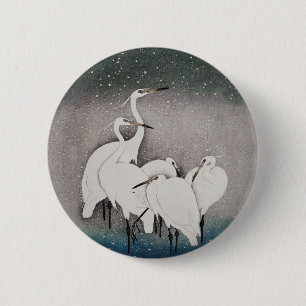 Badge Rond 5 Cm Aigrettes japonaises Grues Koson Neige d'hiver