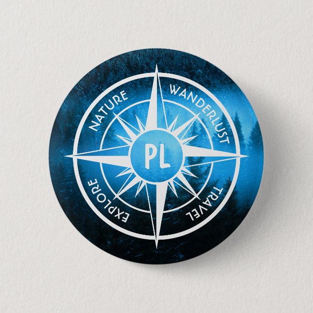 Badge Rond 5 Cm Aiguille de compas monogramme brouillard dans la f (Devant)