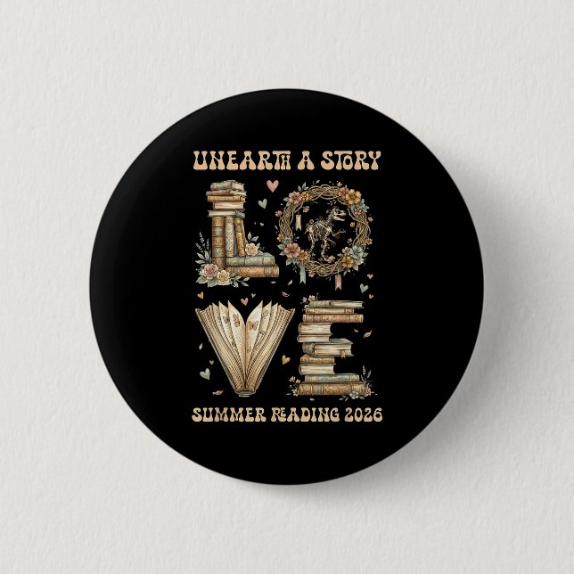 Badge Rond 5 Cm Aime déterrer une histoire été lecture 2026 dino (Devant)