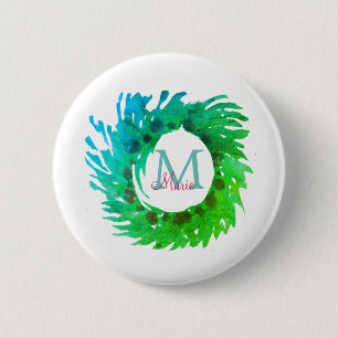 Badge Rond 5 Cm Ajouter une couronne de Noël vert rose monogramme