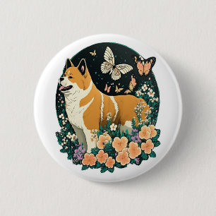 Badge Rond 5 Cm Akita Chien avec Fleur et T-shirt Papillon