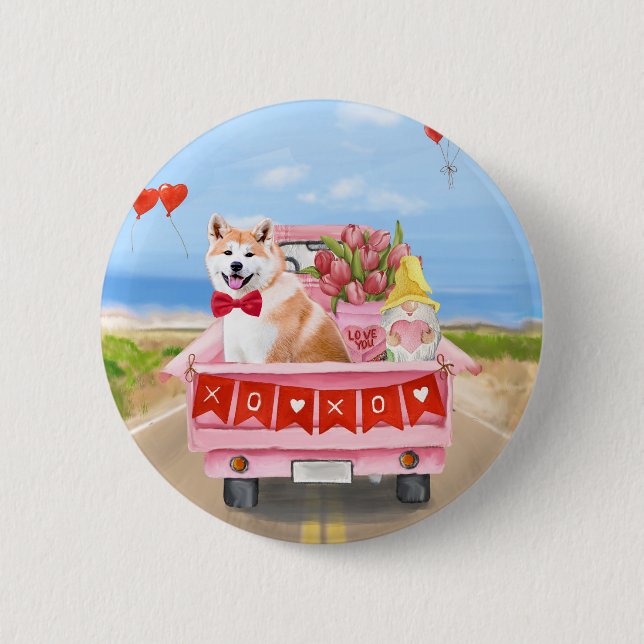 Badge Rond 5 Cm Akita Chien Saint Valentin Coeurs de Camion (Devant)