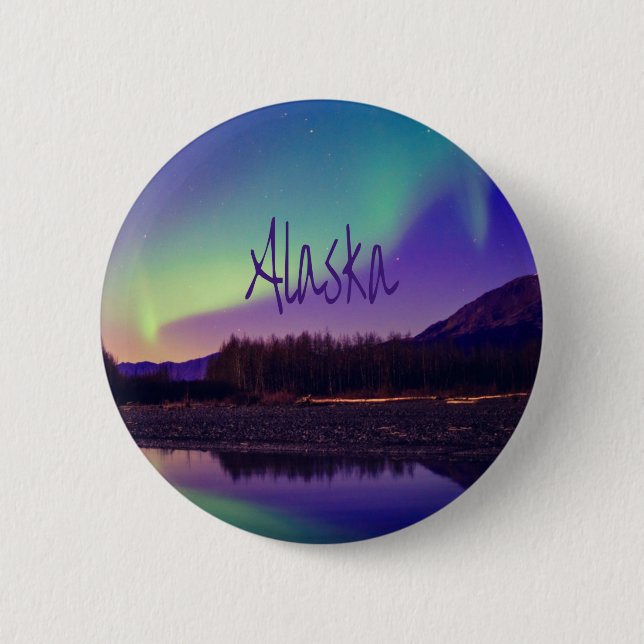 Badge Rond 5 Cm Alaska Northern Lights Mountains Lake (Devant)