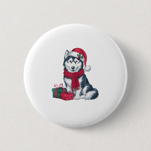 Badge Rond 5 Cm Alaskan Husky Chien Fêtes de Noël Père Noël