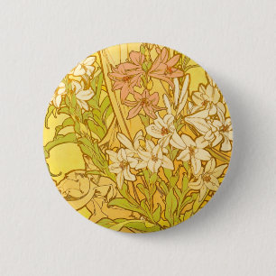 Badge Rond 5 Cm Alfonse Mucha Art Nouveau lily flowers