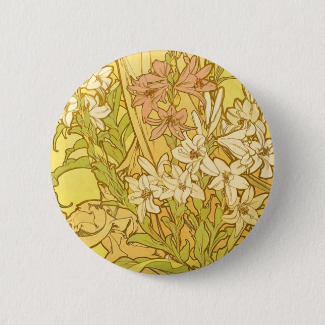 Badge Rond 5 Cm Alfonse Mucha Art Nouveau lily flowers (Devant)