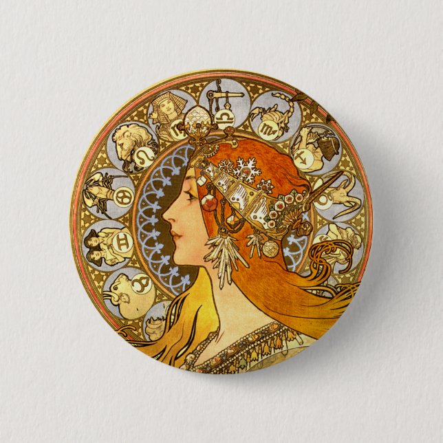 Badge Rond 5 Cm Alfonse Mucha Zodiac Art nouveau femme (Devant)