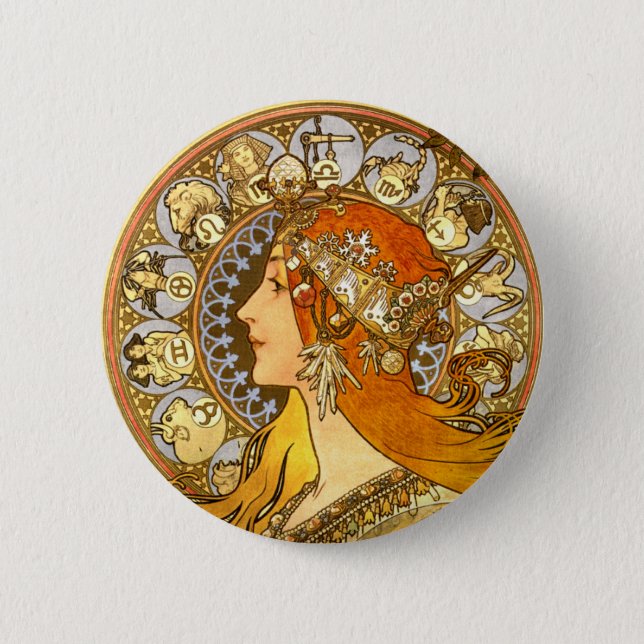 Badge Rond 5 Cm Alfonse Mucha Zodiac Art nouveau femme (Devant)