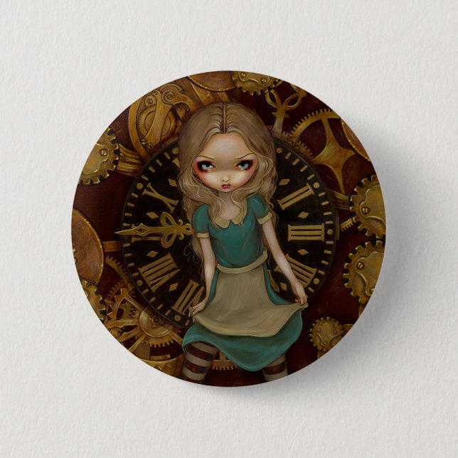Badge Rond 5 Cm "Alice bouton dans rouages" (Devant)
