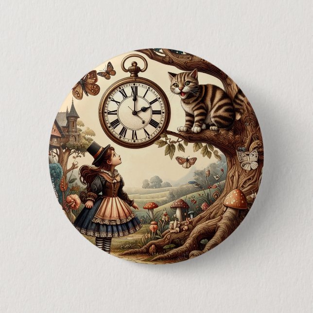 Badge Rond 5 Cm Alice & Cheshire Cat: Whimsical Wonderland Fantasy (Devant)