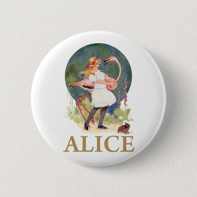 BADGE ROND 5 CM ALICE ET LE FLAMANT ROSE ROSE JOUENT DE LA CROQUET (Devant)