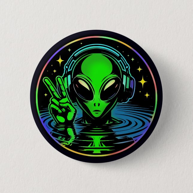 Badge Rond 5 Cm Alien dans les casques donnant un signe de paix (Devant)