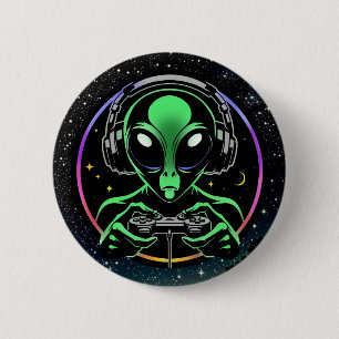 Badge Rond 5 Cm Alien Lecture de jeux vidéo avec Arrière - plan ét