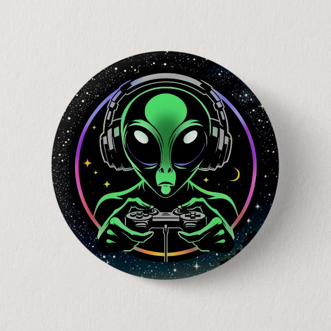 Badge Rond 5 Cm Alien Lecture de jeux vidéo avec Arrière - plan ét (Devant)